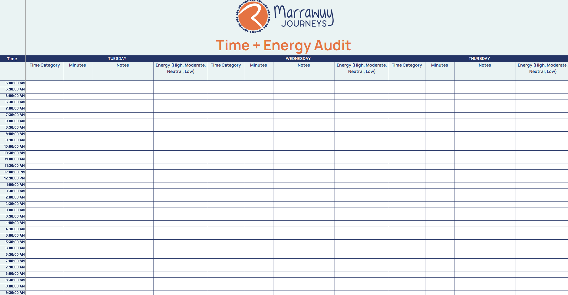 Marrawuy Journeys Time + Energy Audit Templates